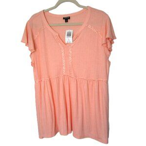 Torrid NEW Plus 2 2X 18 20 Peach Flutter Sleeve Lace Trim Top Blouse Orange